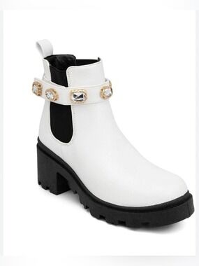 Sugar White Favorite Chelsea Boot with Gem-Embellished Strap - Size 7.5